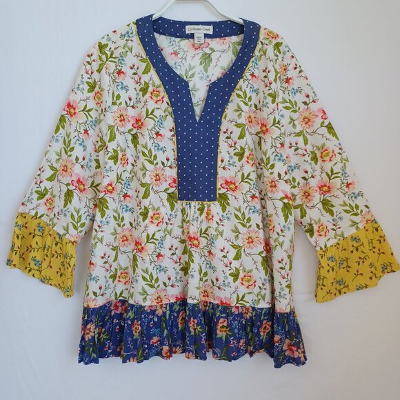 Coldwater Creek Tunic Multi Floral Mixed Media Linen Popover Top Womens PXL - Picture 2 of 10